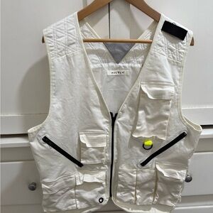 PacSun Utility Vest Mens Medium Ivory Lined Canvas Multi-Pocket ZipperFront Tech